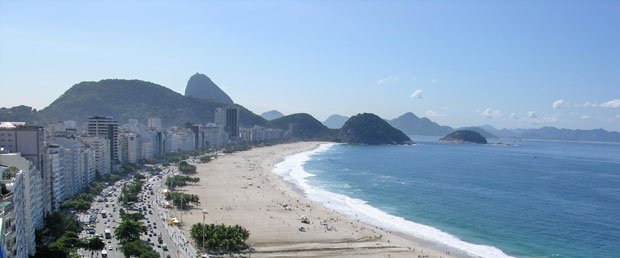Penthouse view of Copacabana Beach with the sidewalk mosaics and Foret de Copacabana far left. 